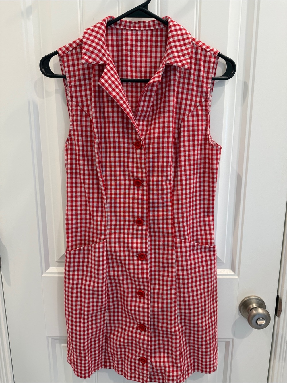 Sleeveless Red Gingham Button-Front Dress